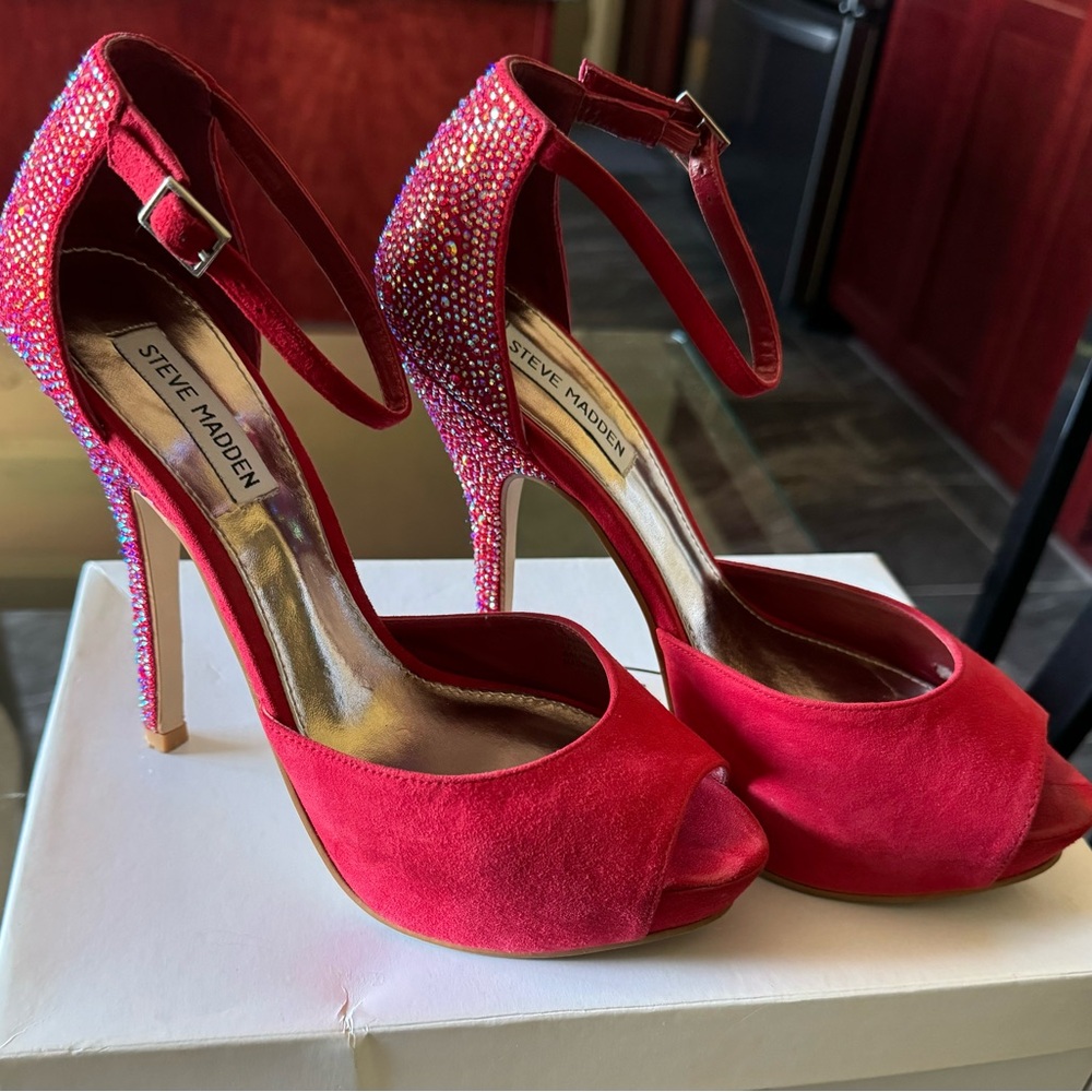 Steve Madden Red Suede Open Toe Platform High Hee… - image 1